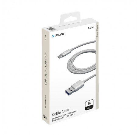 Deppa Alum USB Type-C - USB Type-C, алюминий/нейлон, USB 2.0, 3A, 1.2м, 1.2м, серебро, Deppa Кабель  DEPPA - porhov-experts.ru – фото 1